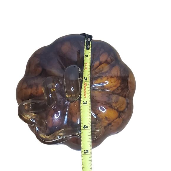 Hand Blown Glass Pumpkin Squash Brown Amber Art Glass Swirl Stem 5" x 4.5" - Picture 3 of 14